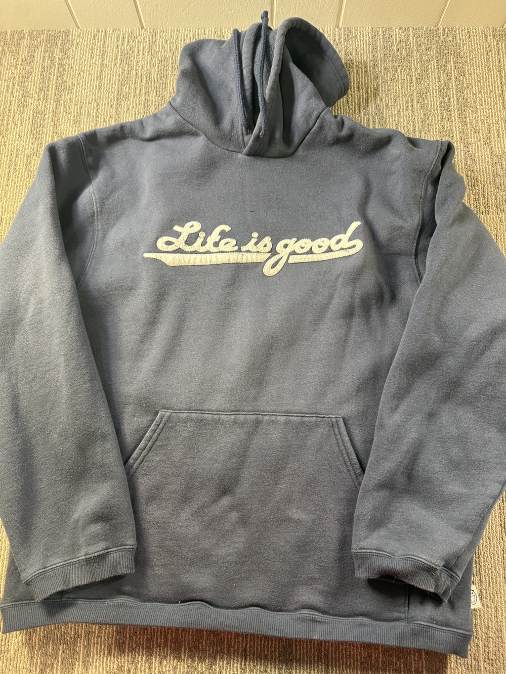 Life Is Good Hoodie Mens Medium Blue Pullover Fleece Sweatshirt Script Logo